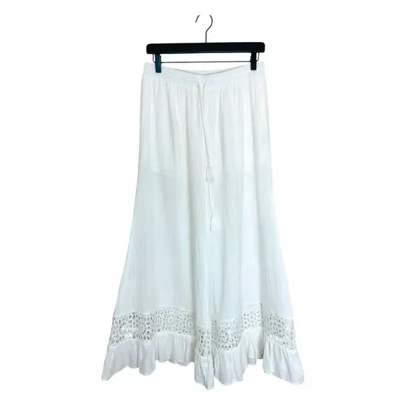 Mahina Lace Inlet Wide Leg Ruffle Trim Beach Lounge Pants White Size Large - Picture 2 of 11